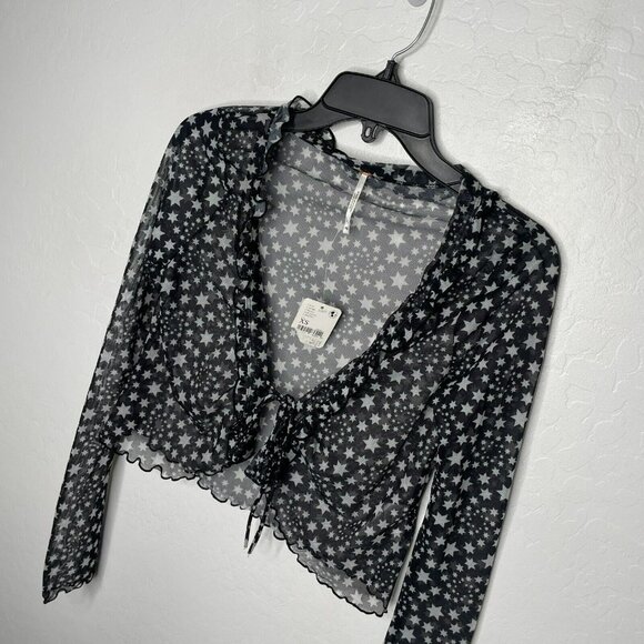 Free People Black White Star Print Marne Open Front Tie Mesh Top - Picture 3 of 9